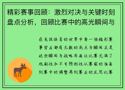 精彩赛事回顾：激烈对决与关键时刻盘点分析，回顾比赛中的高光瞬间与战略布局