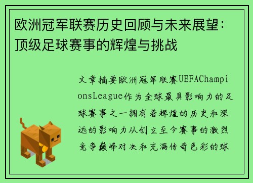 欧洲冠军联赛历史回顾与未来展望：顶级足球赛事的辉煌与挑战