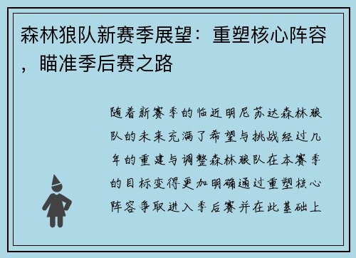 森林狼队新赛季展望：重塑核心阵容，瞄准季后赛之路