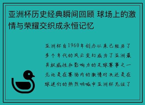 亚洲杯历史经典瞬间回顾 球场上的激情与荣耀交织成永恒记忆