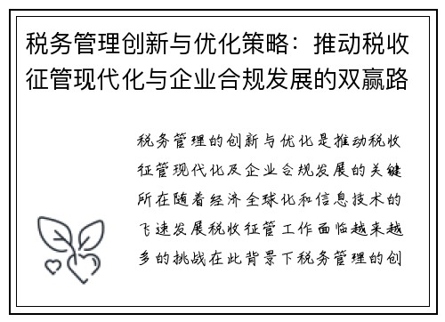 税务管理创新与优化策略:推动税收征管现代化与企业合规发展的双赢路径 税务管理创新与优化策略:推动税收征管现代化与企业合规发展的双赢路径