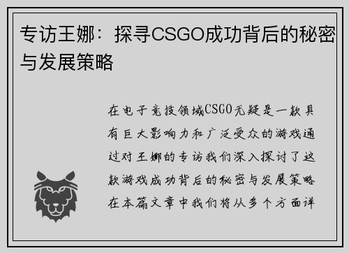 专访王娜：探寻CSGO成功背后的秘密与发展策略